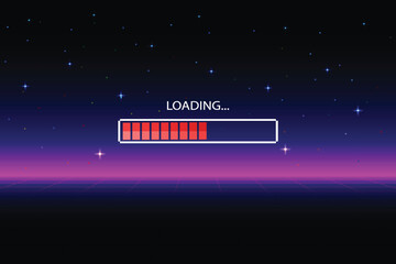 Leinwandbilder - LOADING bar. pixel art. 8 bit. retro game. Retro Futurism Sci-Fi Background. glowing neon grid and star from vintage arcade computer game.