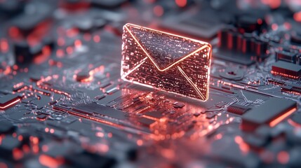 Poster - glowing digital email icon on a circuit board, abstract technology concept. red and orange lighting 