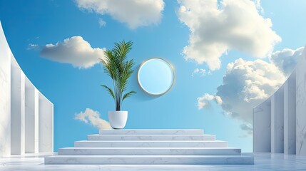 Leinwandbilder - Minimal product display with blue background, central circle and drifting clouds