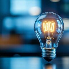 Poster - Close up of a glowing incandescent light bulb on a dark reflective surface, with a blurred blue background.