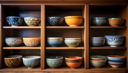 Poster - A collection of intricately designed ceramic bowls displayed on wooden shelves, showcasing various patterns and colors