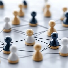 Poster - Abstract image of interconnected wooden game pieces in white, beige, and dark blue, forming a network on a light gray surface. Focus is on a central piece.