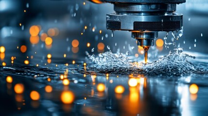 Poster - Close up view of a metalworking process, showcasing sparks, water spray, and a drill bit in action against a dark background.