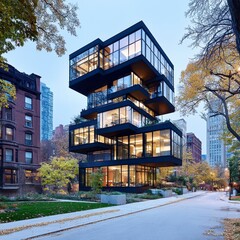 Poster - Modern glass and steel building at dusk, illuminated interiors visible through large windows, trees and pathway in foreground.