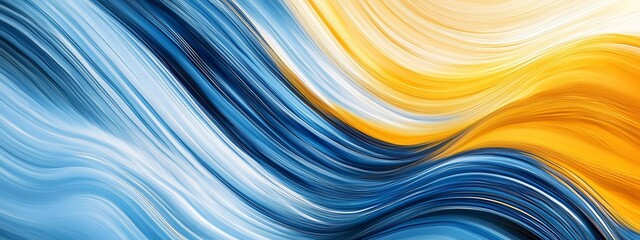 Poster - Curved abstract lines and soft waves in vibrant chambray blue and sunshine yellow