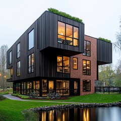 Poster - Modern office building with dark wood and brick exterior, illuminated windows, and a pond reflection at dusk.