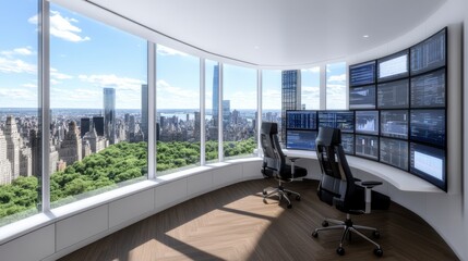 Poster - Modern office with panoramic city view, two workstations with multiple monitors displaying data, bright sunlight through large windows.