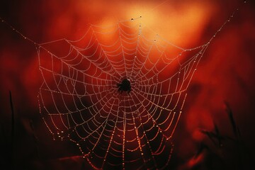 A spider sits poised in its dew-kissed web against a striking orange and red backdrop.