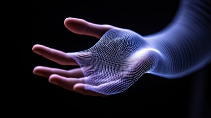 Poster - Digital representation of a hand with a glowing wireframe effect in a dark background showcasing futuristic design elements
