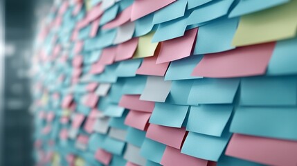 Poster - multicolored sticky notes arranged in overlapping rows on a wall, creating a textured background. so