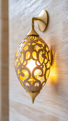 Poster - Decorative wall lamp featuring intricate gold design. Emits warm light against neutral wall. Adds elegance and style to modern interiors. Concept of home decor, interior design, lighting solutions