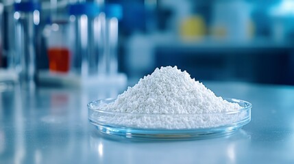 A pile of white granules sits on a clear glass petri dish in a laboratory setting. The background is blurred but shows laboratory equipment.