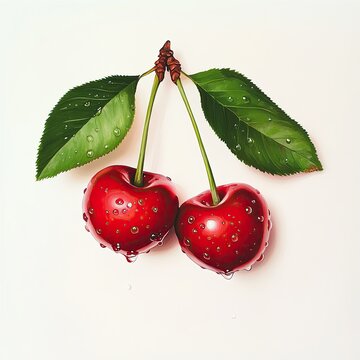 Two vibrant, dewy cherries on stems, with lush green leaves, set against a plain white background.  Detailed, realistic rendering of water droplets, highlighting the texture and form of the fruit