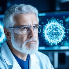 Poster - A senior scientist with a gray beard and glasses looks thoughtfully at a glowing blue digital sphere on a monitor. He is wearing a white lab coat. The image has a contemplative and serious atmosphere.