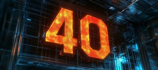 Poster - glowing orange number 40 in 3d on futuristic digital abstract background. burning symbol rendering