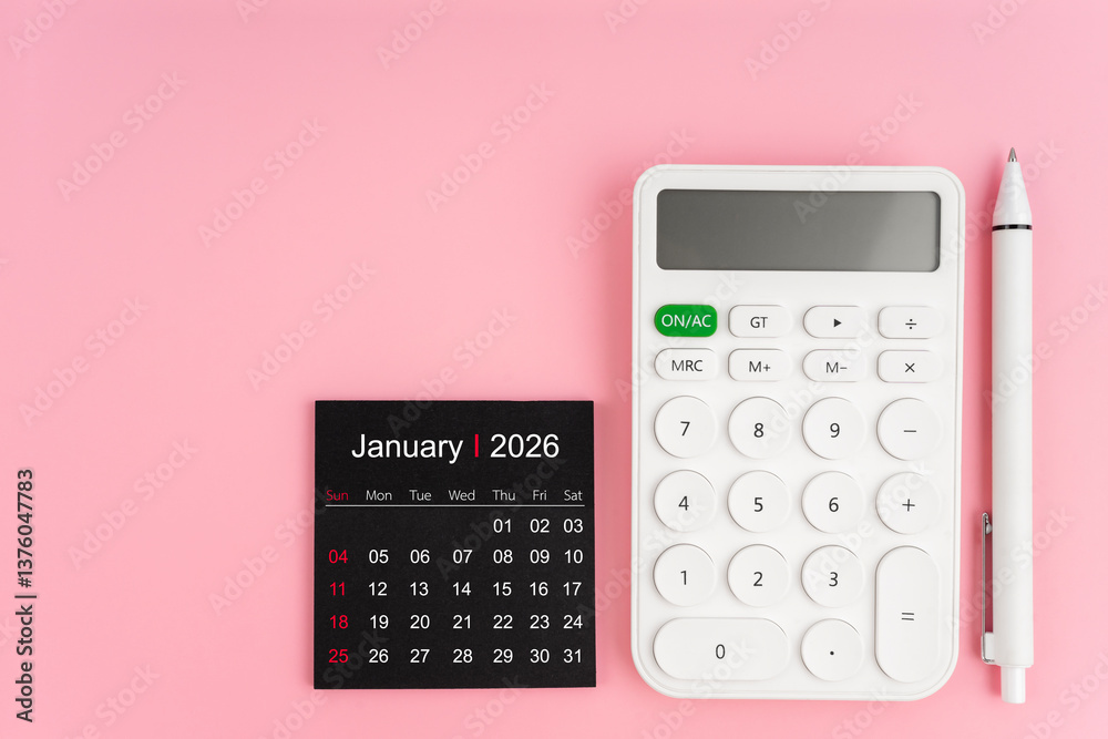 January 2026 calendar and white calculator with pen on pink background ...