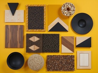 Poster - A mustard yellow and black contrast mood board with geometric patterns, wood samples, and natural textures.