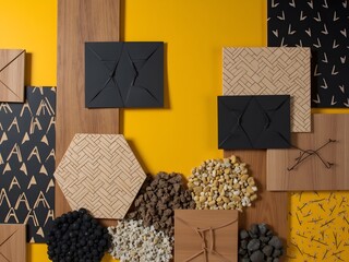 Poster - A mustard yellow and black contrast mood board with geometric patterns, wood samples, and natural textures.