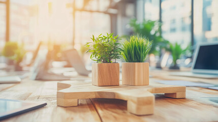 Poster - Office Zen: Tranquil Workspace with Greenery and Wood Accents
