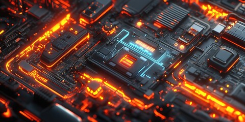 Poster - Close-up view of a futuristic circuit board with glowing components in an abstract cyberpunk style