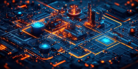 Poster - Cityscape of interconnected energy systems at night showcasing glowing circuits and structures