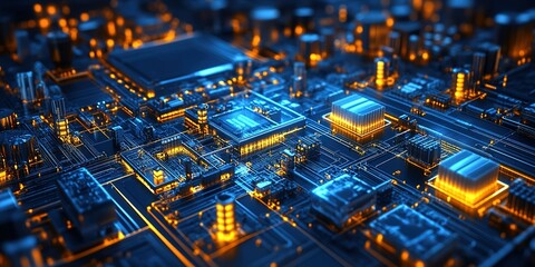 Poster - Intricate electronic circuit board illuminated with blue and orange lights showcasing advanced technology in a modern design setup