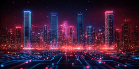 Poster - Futuristic city skyline illuminated by neon lights at night featuring advanced architecture and digital elements
