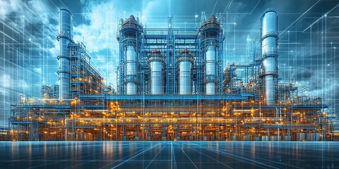 Poster - Industrial facility showcasing advanced technology and energy production on a bright day with clouds in the background