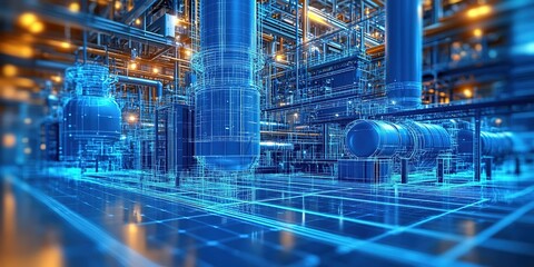 Poster - Industrial facility interior featuring advanced technology and blueprints at night showcasing intricate engineering details