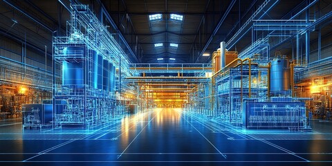Poster - Digital blueprint of a modern industrial facility showcasing advanced manufacturing technology and equipment