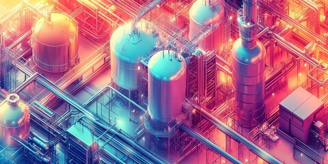 Poster - Industrial facility showcasing vibrant pipework and storage tanks at sunset surrounded by illuminated infrastructure