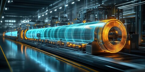Poster - Modern industrial machinery processes metal coils in a high-tech manufacturing facility during nighttime operations