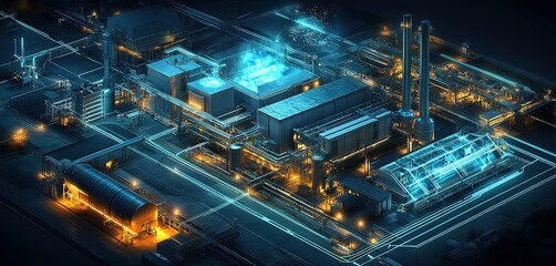 Poster - Industrial complex illuminated at night showcasing intricate machinery and glowing pipelines