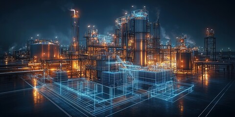 Poster - Futuristic industrial complex at night showcasing advanced technology and illuminating structures