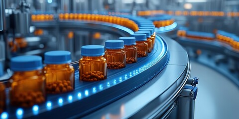 Poster - Pharmaceutical production line with orange bottles moving on conveyor belt in modern facility
