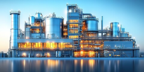 Poster - Industrial facility illuminated at dusk near water with reflective surfaces showcasing modern architecture and design elements