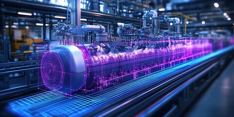 Poster - Industrial facility showcases advanced technology with holographic visualization of machinery during daytime operations