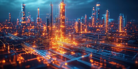 Poster - Cityscape illuminated by futuristic lights in an industrial area during twilight hours