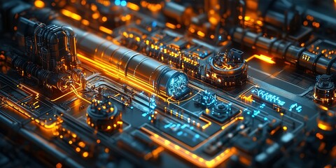 Poster - Intricate circuit board design with vibrant lights and complex connections in a futuristic setting