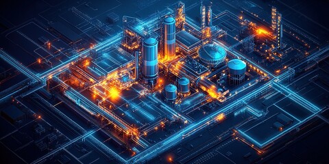 Poster - Industrial complex illuminated with neon lights showcasing advanced technology and infrastructure at night