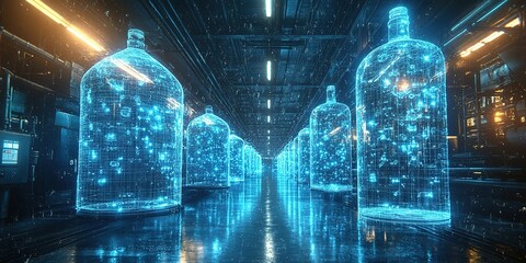 Poster - Futuristic corridor featuring glowing digital bottles in a high-tech laboratory at night