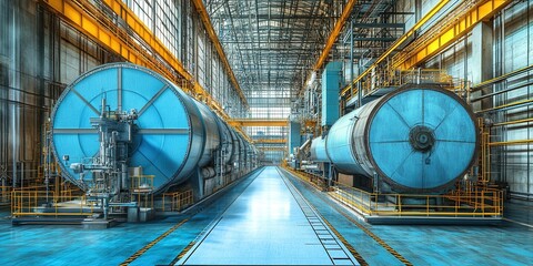 Poster - Industrial facility showcasing large blue machinery and expansive layout in a well-lit warehouse environment