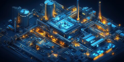 Poster - Industrial facility at night showcasing illuminated machinery and bustling activity