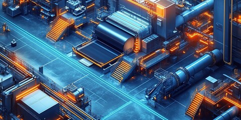 Poster - High-tech industrial facility showcasing advanced machinery and illuminated pathways at night