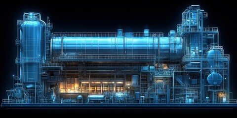 Poster - Innovative industrial facility showcasing advanced energy production technology at night in a futuristic urban setting