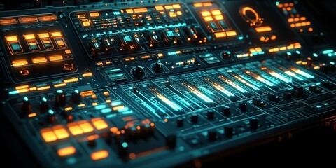 Poster - control panel with glowing buttons and sliders used for electronic music production in a studio sett