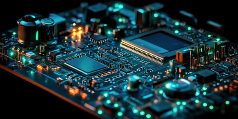 Poster - Close-up view of a colorful circuit board with illuminated components showcasing modern technology and intricate design