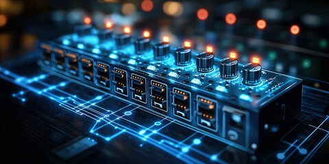 Poster - Innovative electronic device with glowing circuit connections and adjustable knobs in a modern tech environment