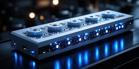 Poster - High-tech music production equipment with illuminated controls in a modern studio environment