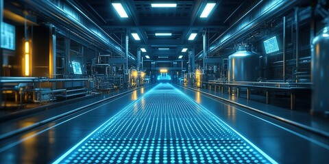 Poster - Industrial facility with futuristic blue lighting and advanced machinery in a production environment at night